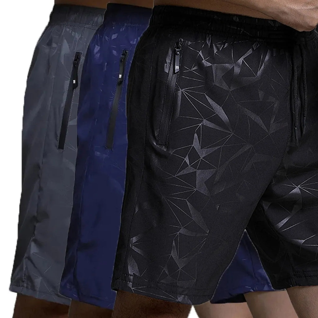 Men's loose-fit casual sports shorts in polyester, shown in black, blue, and grey colour options.