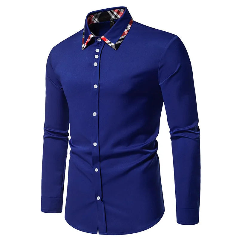 Men's plaid triangle collar long sleeve shirt in polyester blend available in multiple colours