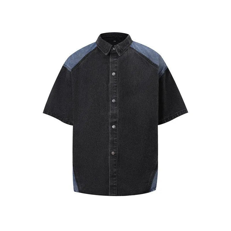 Retro washed denim short-sleeved jacket and full-length trousers suit set in black or blue