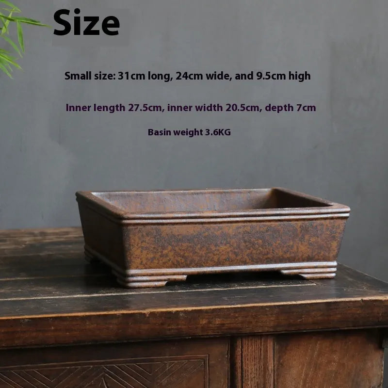 Purple sand rectangular bonsai flowerpot with firewood burning finish shown in two size options