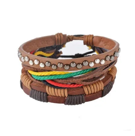 Hand-woven brown leather wrap bracelet with wooden beads on a 6cm adjustable band.