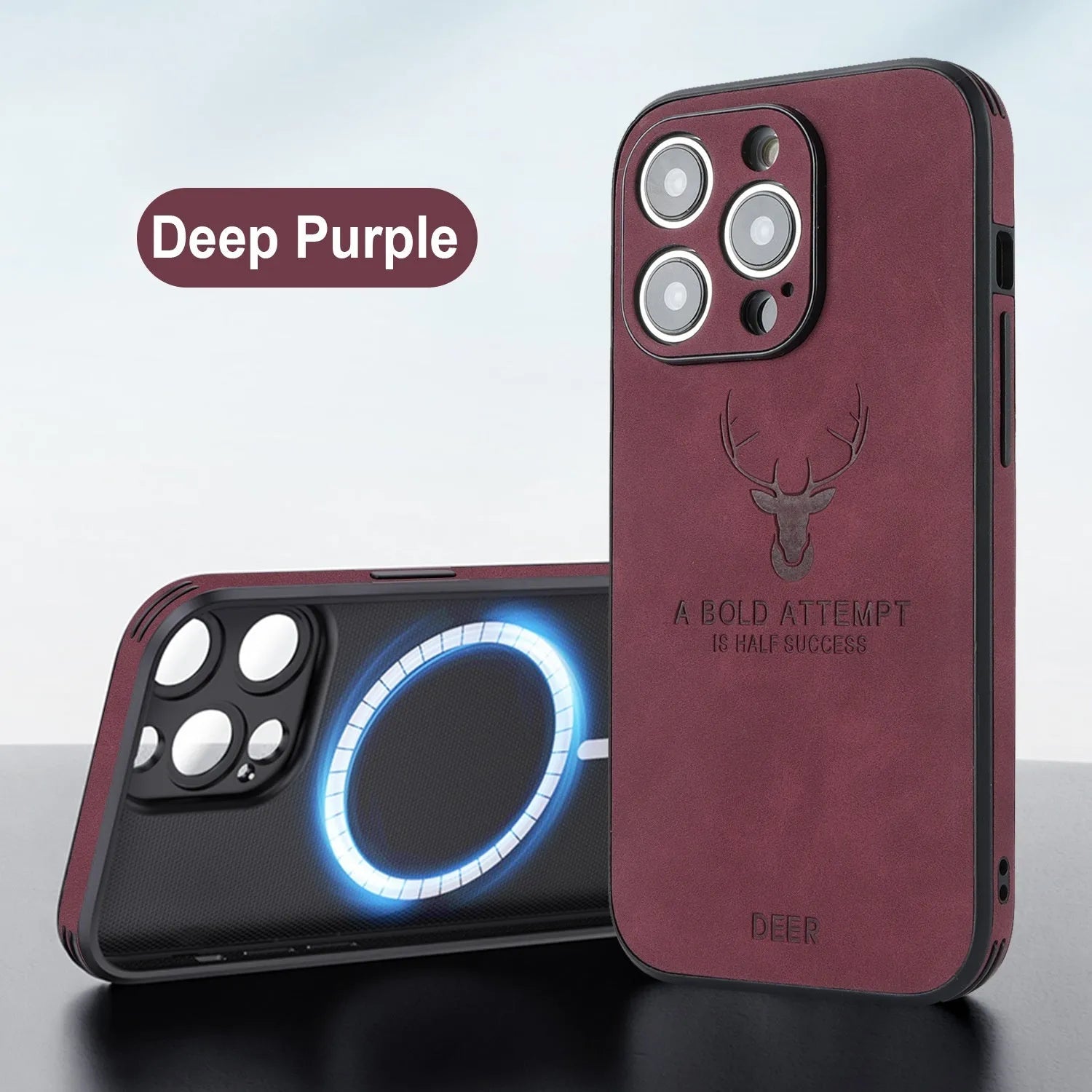 Magnetic charging iPhone 16 case with embossed moose head design in imitation leather material