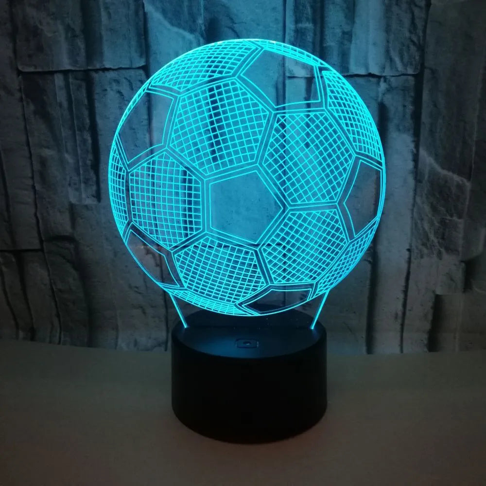 3D football-shaped night light with colour-changing LED effects on a black ABS base.