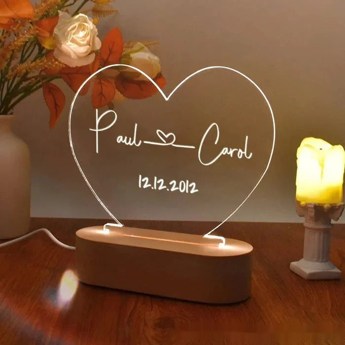 Custom acrylic LED night light with personalised names and dates, 20cm tall modern design