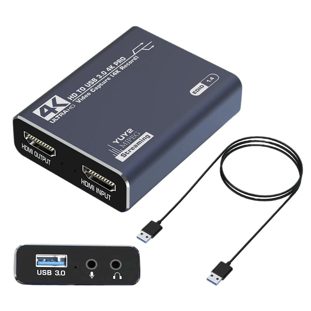 Black 4K gaming set-top box with MS2131 chip for audio recording and universal OS compatibility.