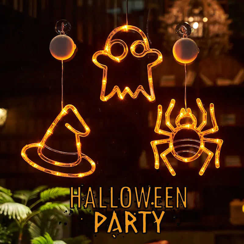 Halloween window hanging LED lights with suction cups showing multiple horror-themed designs powered by batteries