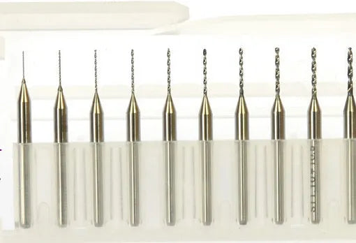 Set of imported tungsten steel micro-engraving bits in various sizes from 0.10mm to 2.00mm diameter.