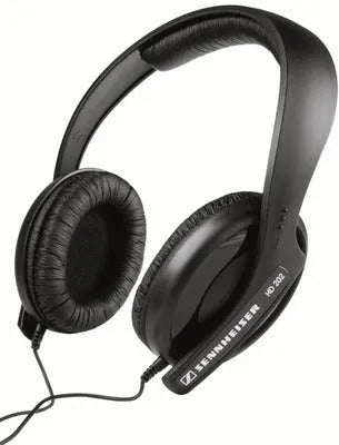 Black head-mounted monitor headphones with over-ear cups, a built-in microphone, and a long cable with a 3.5mm plug.