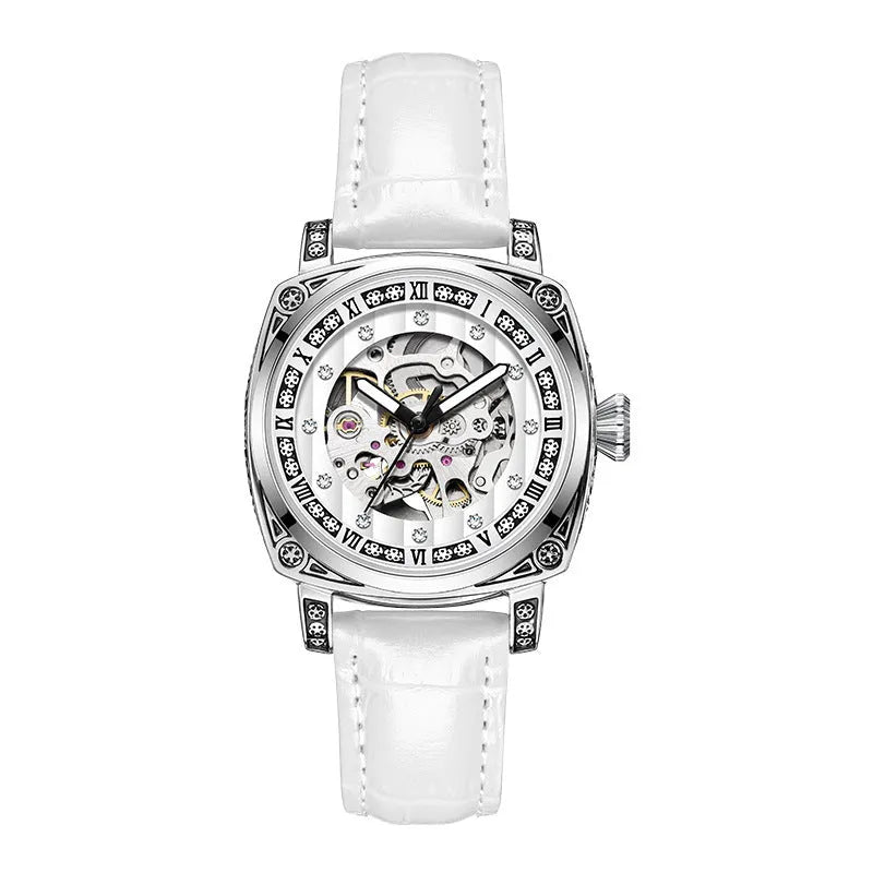 Leather strap mechanical watch with luminous hands showing black, red, steel strip and white colour options
