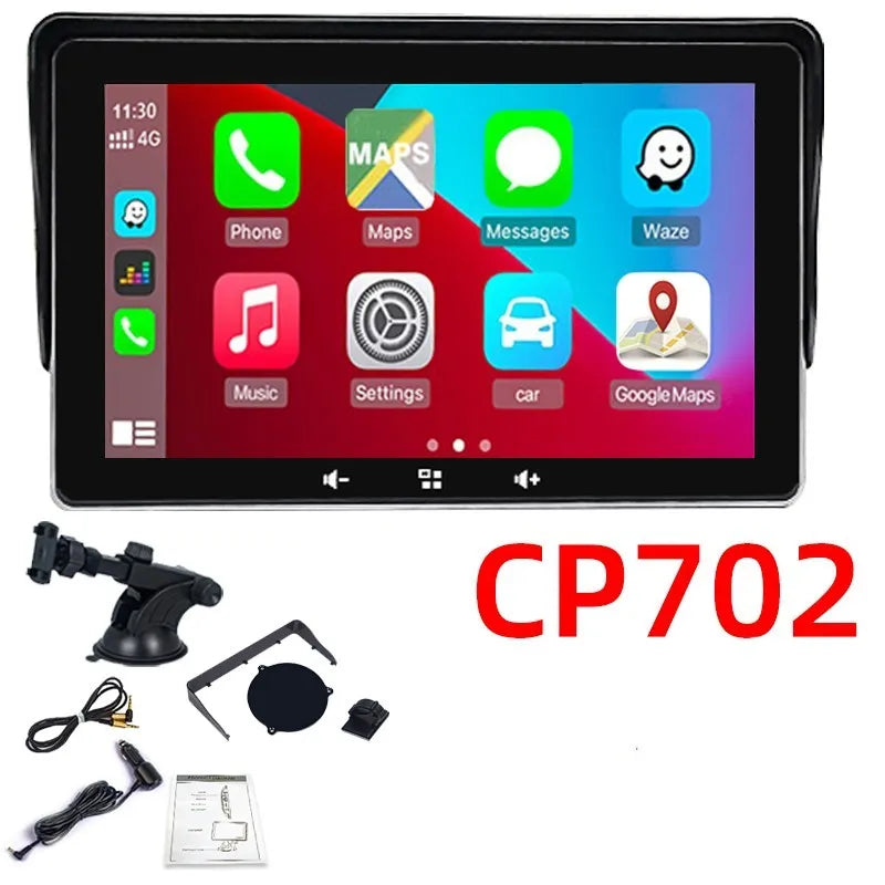 7-inch wireless CarPlay display with suction cup mount and cigarette lighter connector for vehicle installation