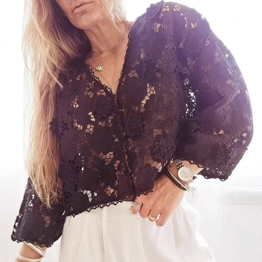 Loose V-neck cardigan with hollow lace sleeves and three-dimensional floral lace decoration in black