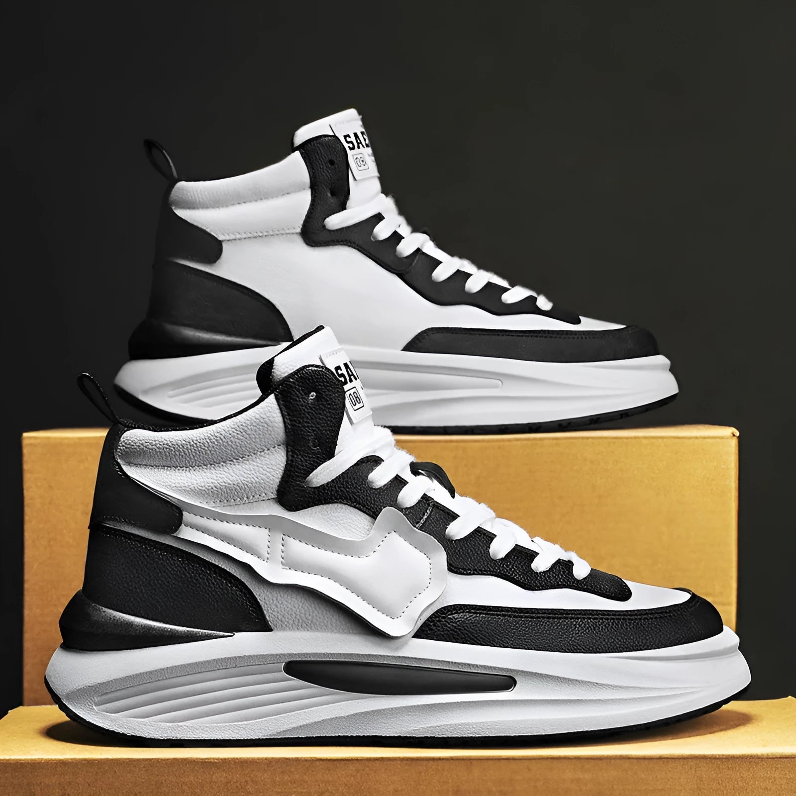 Men's black and white platform high-top board shoes with round toe design