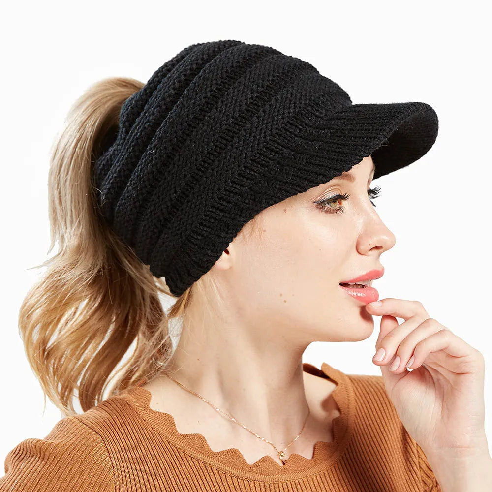 Women's acrylic knitted ponytail beanie hat in multiple colour options