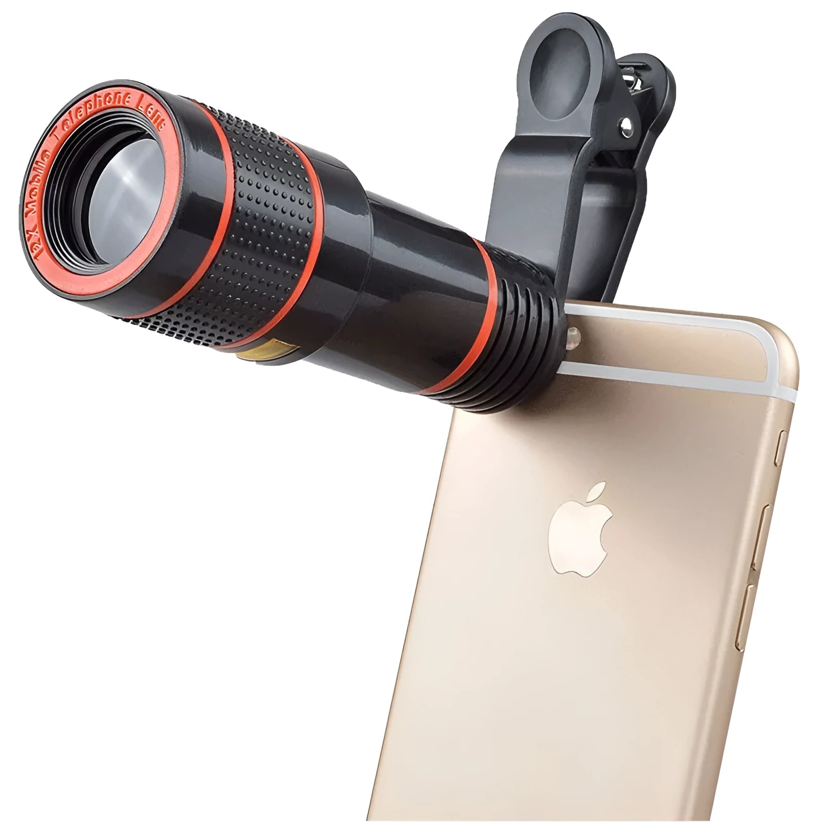 12x magnification black phone telephoto lens with mounting clip on a smartphone