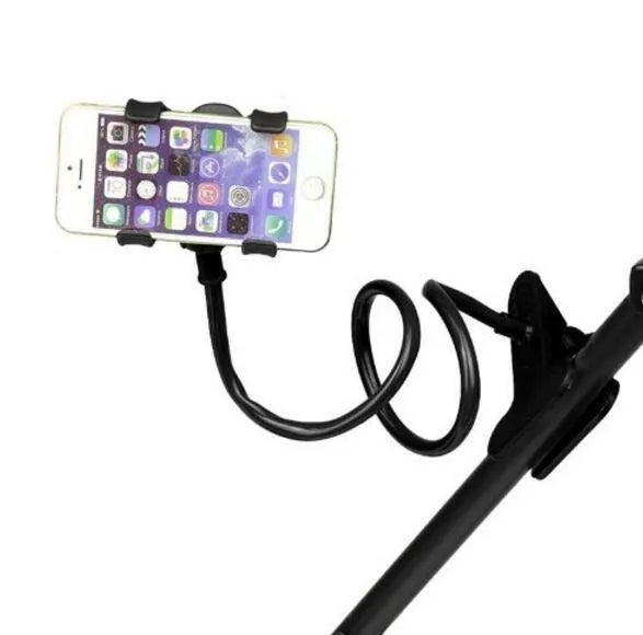 Black flexible long arm phone holder with V-clip attached to a bed frame, holding a smartphone.