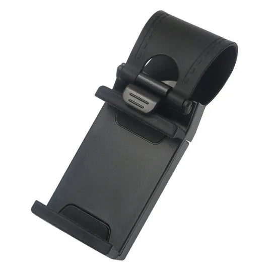 Black steering wheel clip mount holding smartphone on car steering wheel