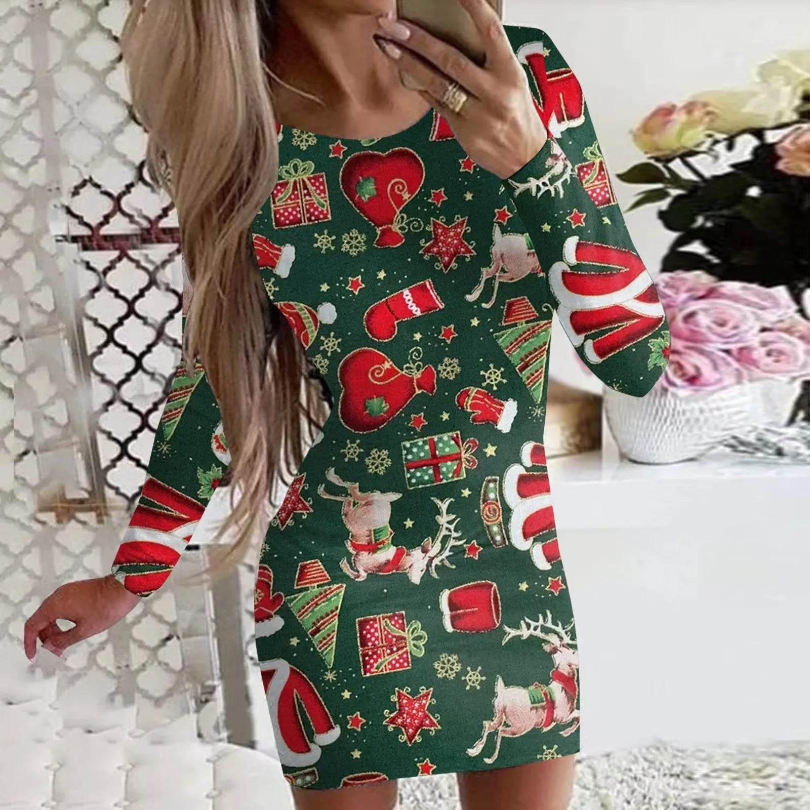Women's Christmas printed dress with animal patterns, round neck, long sleeves in floral colours