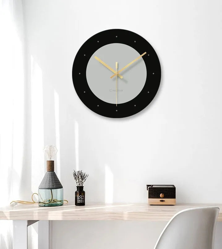Transparent tempered glass wall clock showing minimalist numerals against clear background