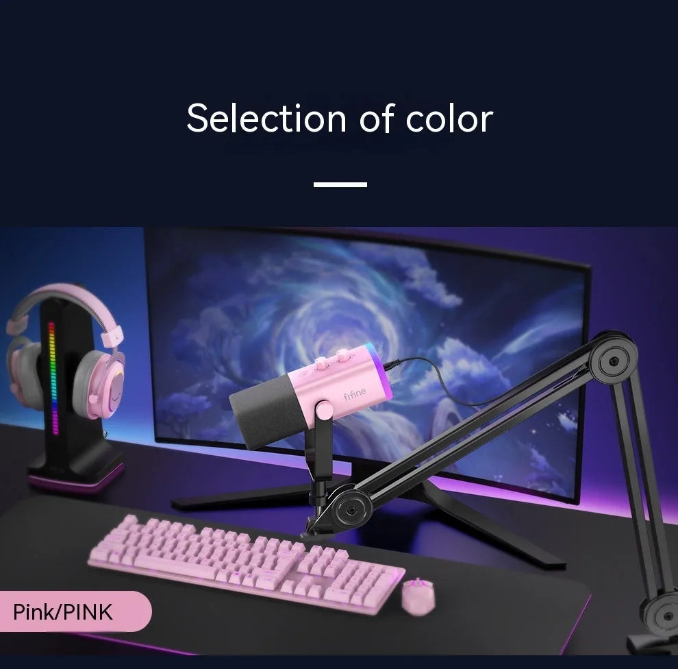 Dynamic noise reduction microphone in black, pink or white with matching bracket and complete accessory package