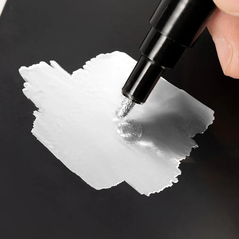 Waterproof mirror marker pen with plastic body, shown with 1mm and 2mm tip size options.