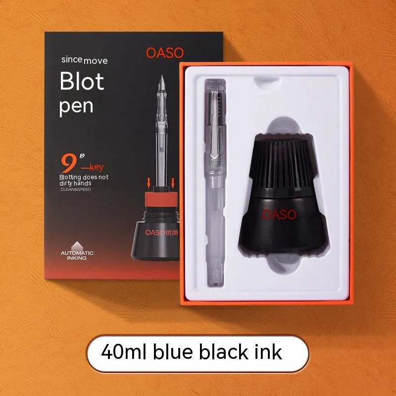 Automatic suction pen set with plastic shell, choice of tip sizes, and 40ml ink reservoir with handbag