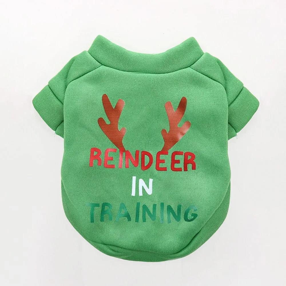 Fleece-lined pet crew neck sweater in red with Christmas hat pattern, shown on a small dog