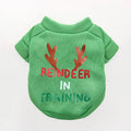 Fleece-lined pet crew neck sweater in red with Christmas hat pattern, shown on a small dog