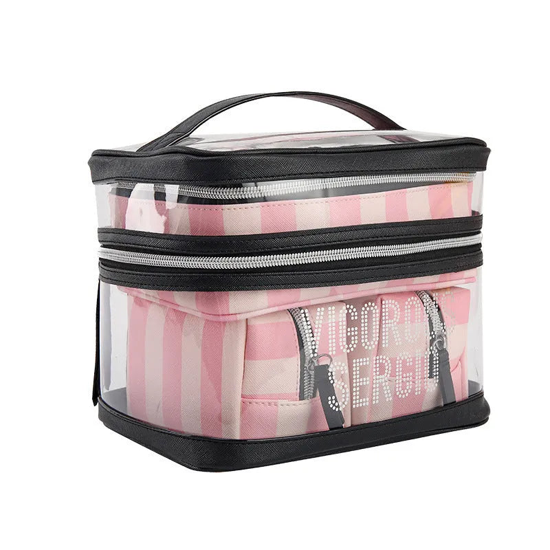 Buggy bag makeup kit in pink bold stripes with floral pattern and synthetic leather construction