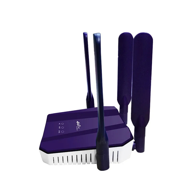 Blue 4G dual mode router with four external antennas showing EU and US model variants