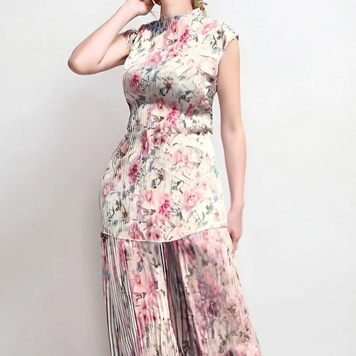 Women's long sleeve printed chiffon dress set with high waist and matching top in picture colour