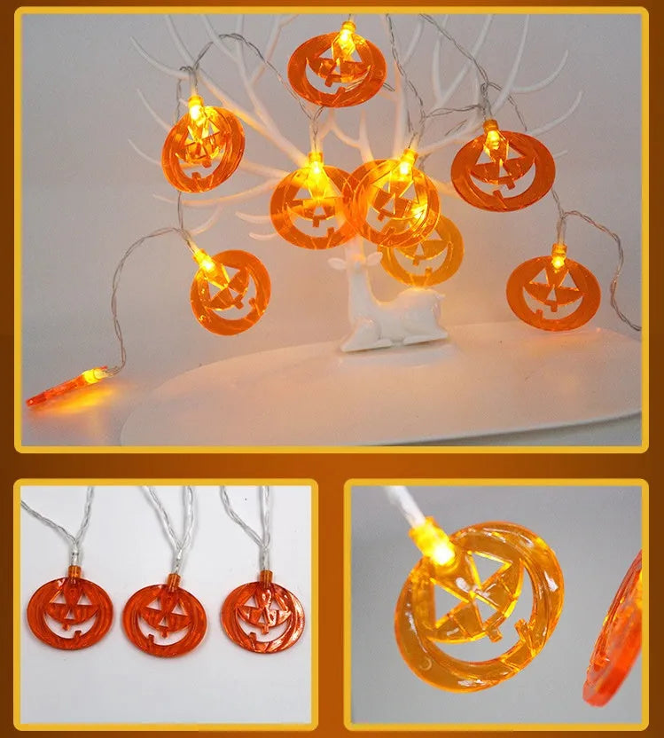 Halloween LED string lights with pumpkin, bat and ghost pendants on 1.2 metre white cable
