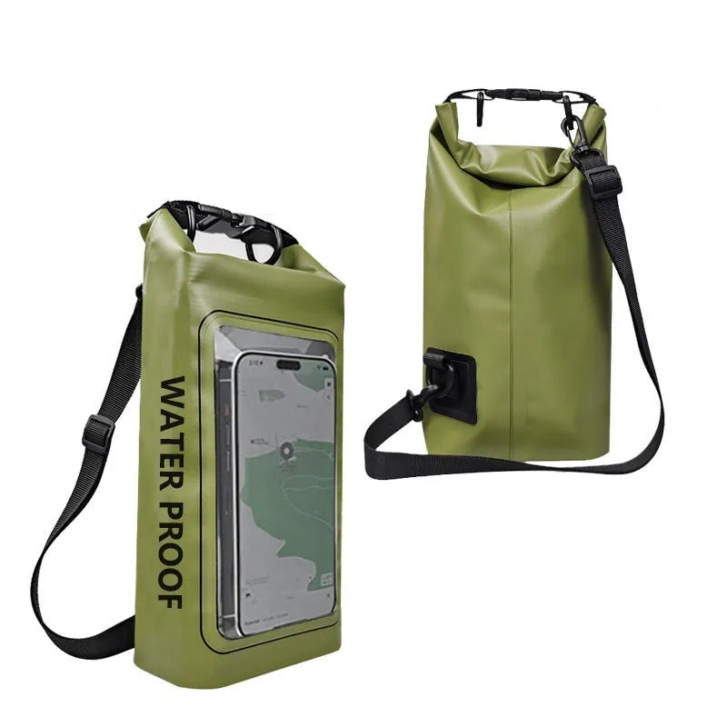 Army Green PVC waterproof crossbody bag with strap, shown in 2L and 5L sizes for swimming and beach use.