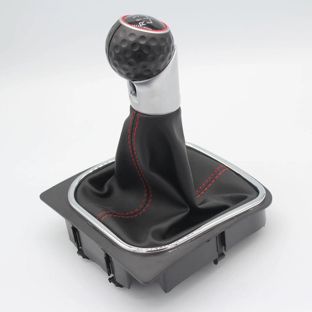 Leather gear lever handball knob for Volkswagen Golf models, showing 12mm installation hole.