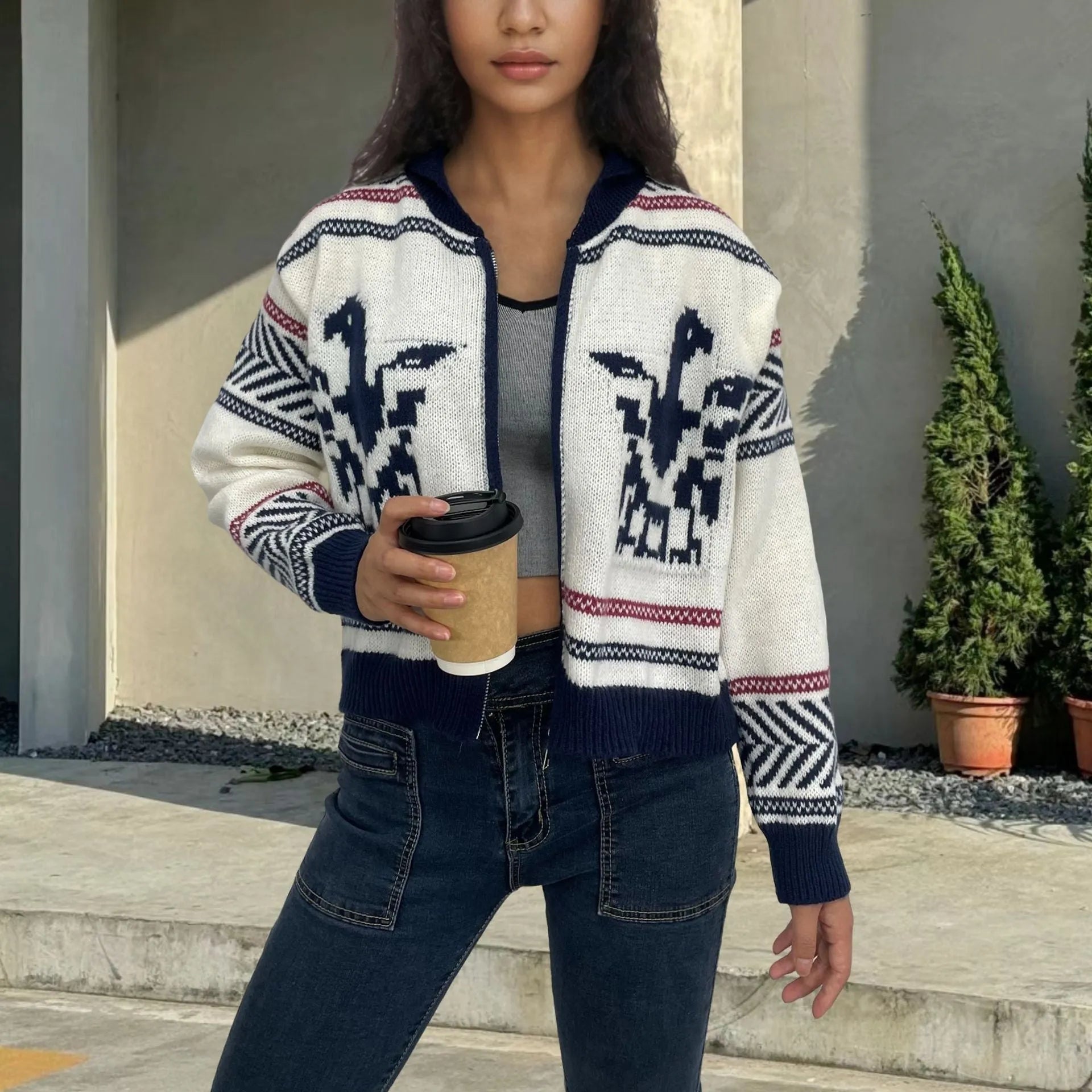 White women's zip cardigan with jacquard contrast stripe pattern and lapel collar