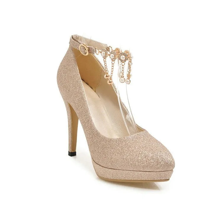 Women's platform high heels with stiletto heel in blue colour showing pointed toe and fabric upper