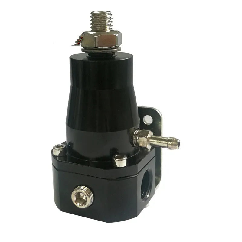 Black aluminium alloy fuel pressure regulator with adjustment port and mounting strap
