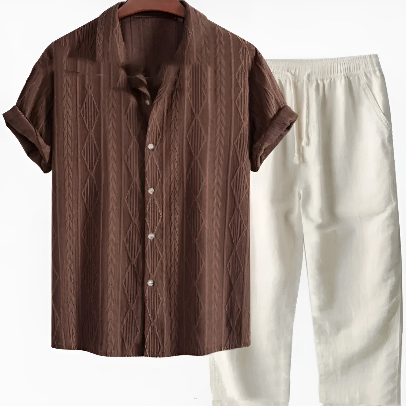 Men's loose fit short sleeve shirt and trousers summer suit in milk silk polyester fabric.