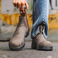 Vintage brown Chelsea boots with frosted PU upper and car suture detailing on a beef tendon sole