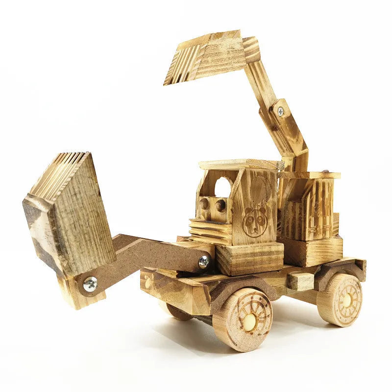 Brown wooden excavator model toy 30cm long rotating cab 1:800 scale children 4-6