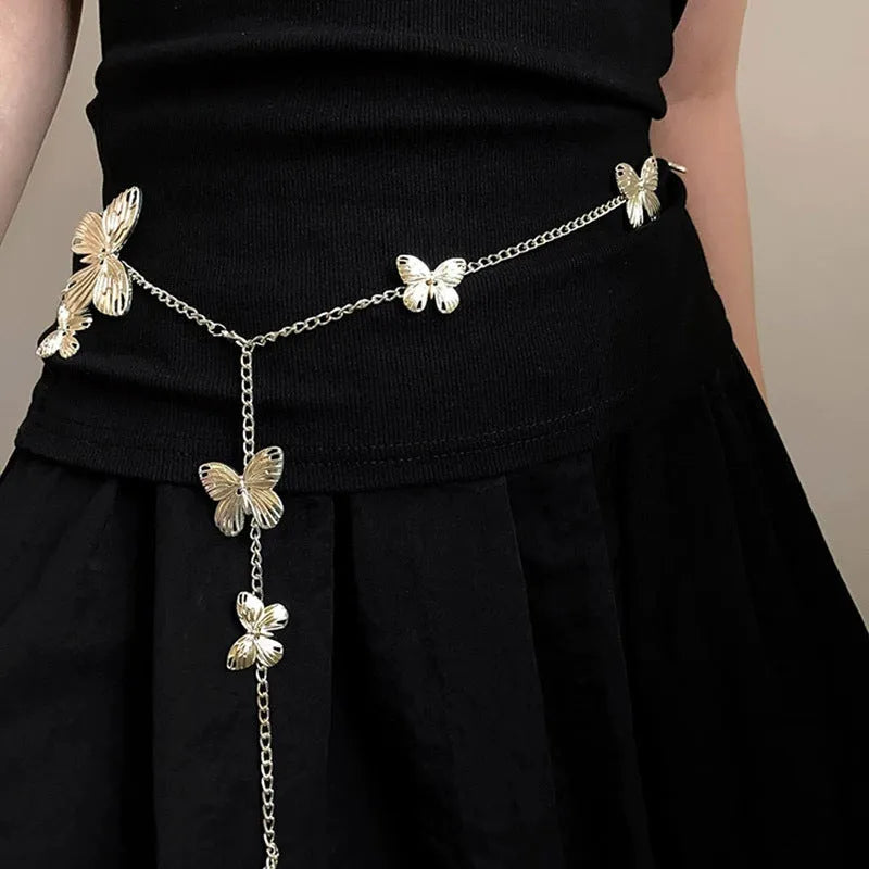 Gold butterfly waist chain belt 40cm wide alloy women's retro accessory