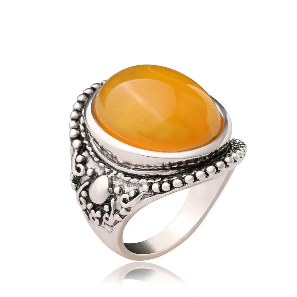 Retro geometric alloy ring with fluorescent beeswax electroplating in antique silver amber colour