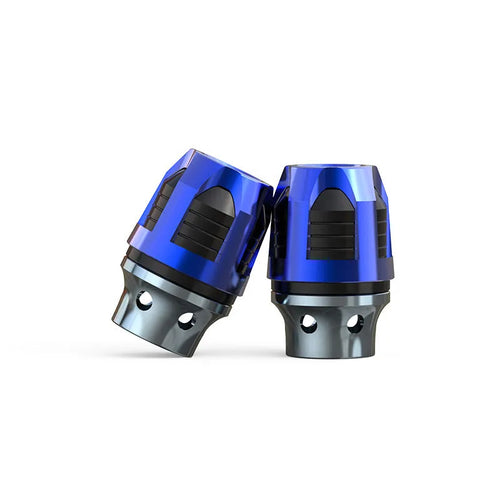 Pair of CNC machined aluminium alloy fork cups for motorcycle or electric car front axle, shown in anodised red.