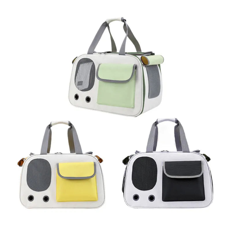 Yellow foldable canvas pet carrier backpack for cats and dogs with a single shoulder strap.