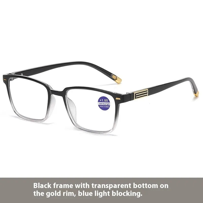 Multifocal reading glasses with photochromic blue light filtering lenses in various frame styles