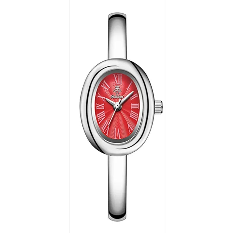 Women's oval retro quartz watch with 8mm thickness showing gold and silver colour options with spiral patterns