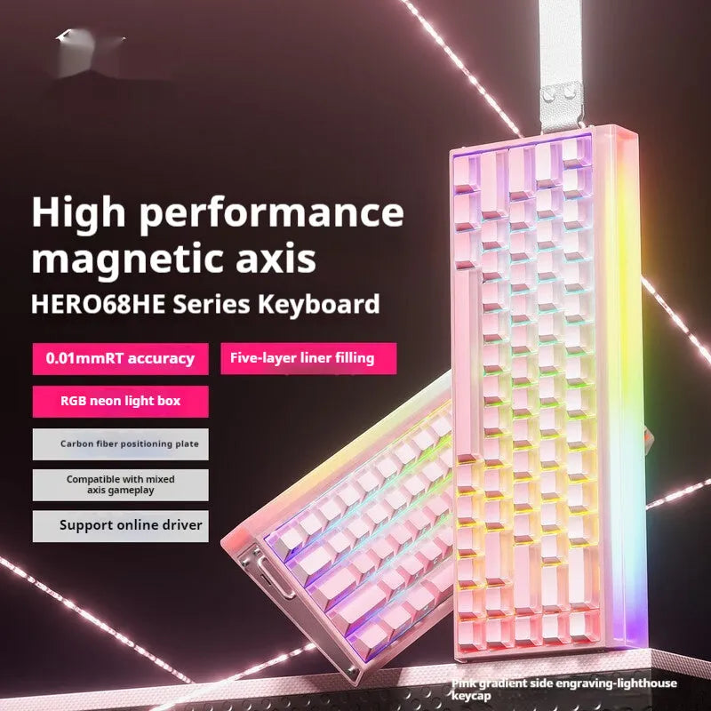 Magnetic axis wired keyboard with RGB lighting showing one of eleven available style options