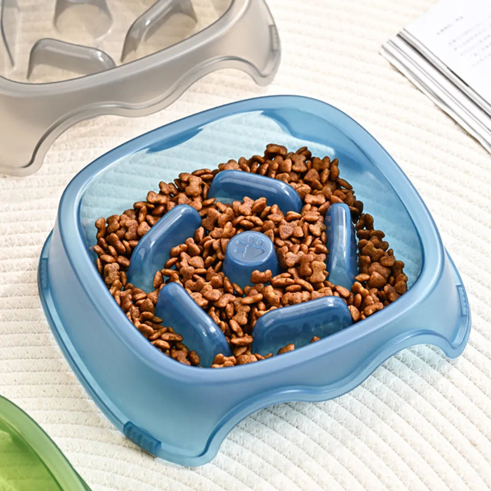 Blue slow feeder dog bowl with internal ridges to prevent fast eating and choking.