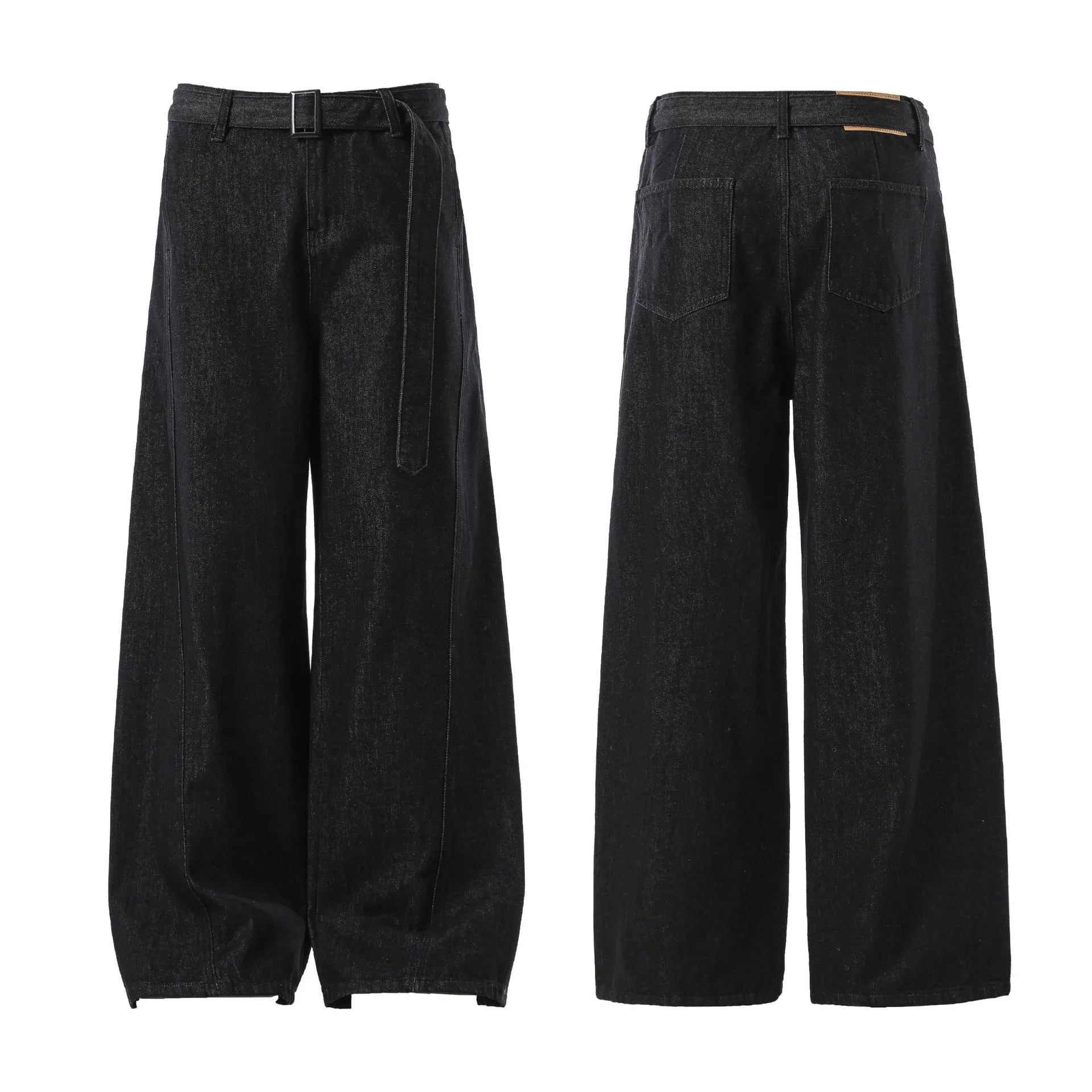 Black gold high-waist straight-leg jeans with zip fly on mannequin