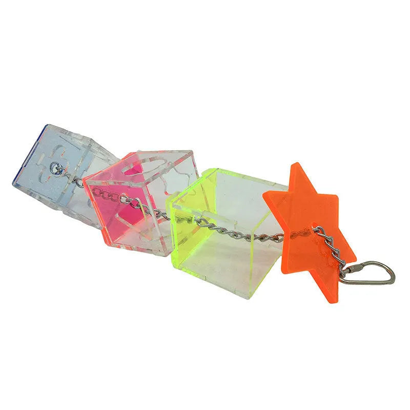 Clear acrylic bird foraging toy for parrots measuring 32 cm long