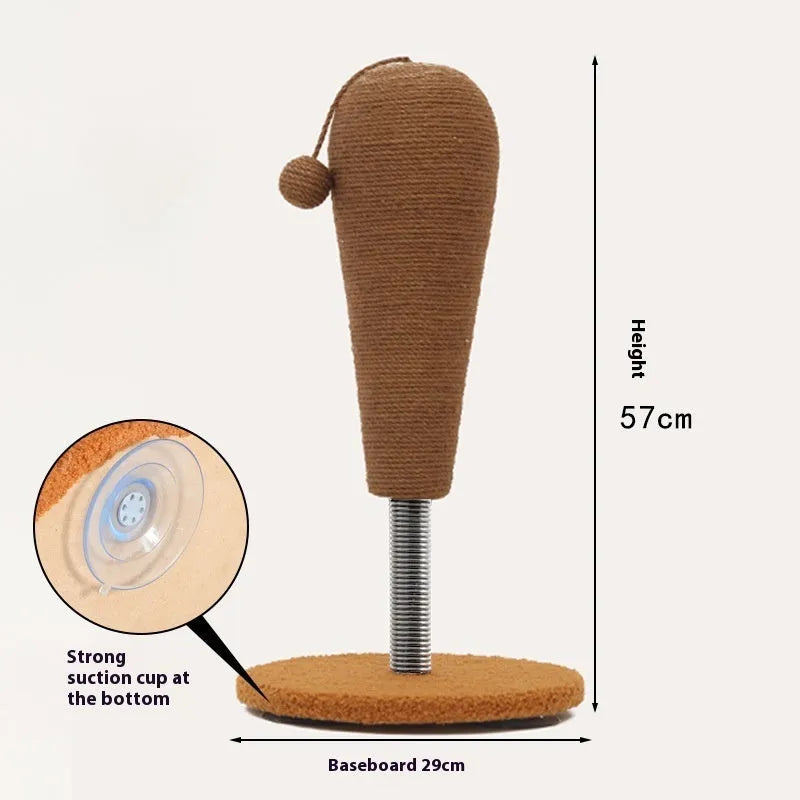 Cat scratch board with hemp rope surface, shown with either a grasping ball or tumbler toy.